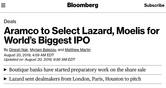 Blinken's WestExec clients Lazard and Royal Bank of Canada?Both won starring roles in the planned IPO to end all IPO's of Saudi's state oil company Aramco!