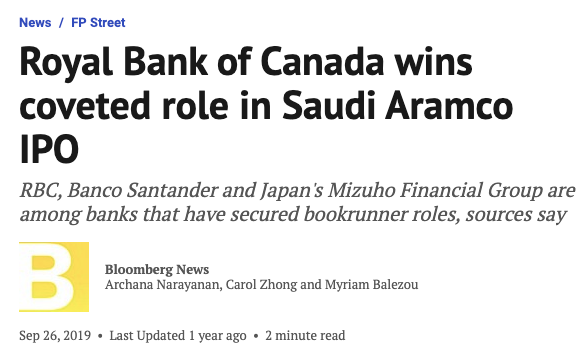 Blinken's WestExec clients Lazard and Royal Bank of Canada?Both won starring roles in the planned IPO to end all IPO's of Saudi's state oil company Aramco!