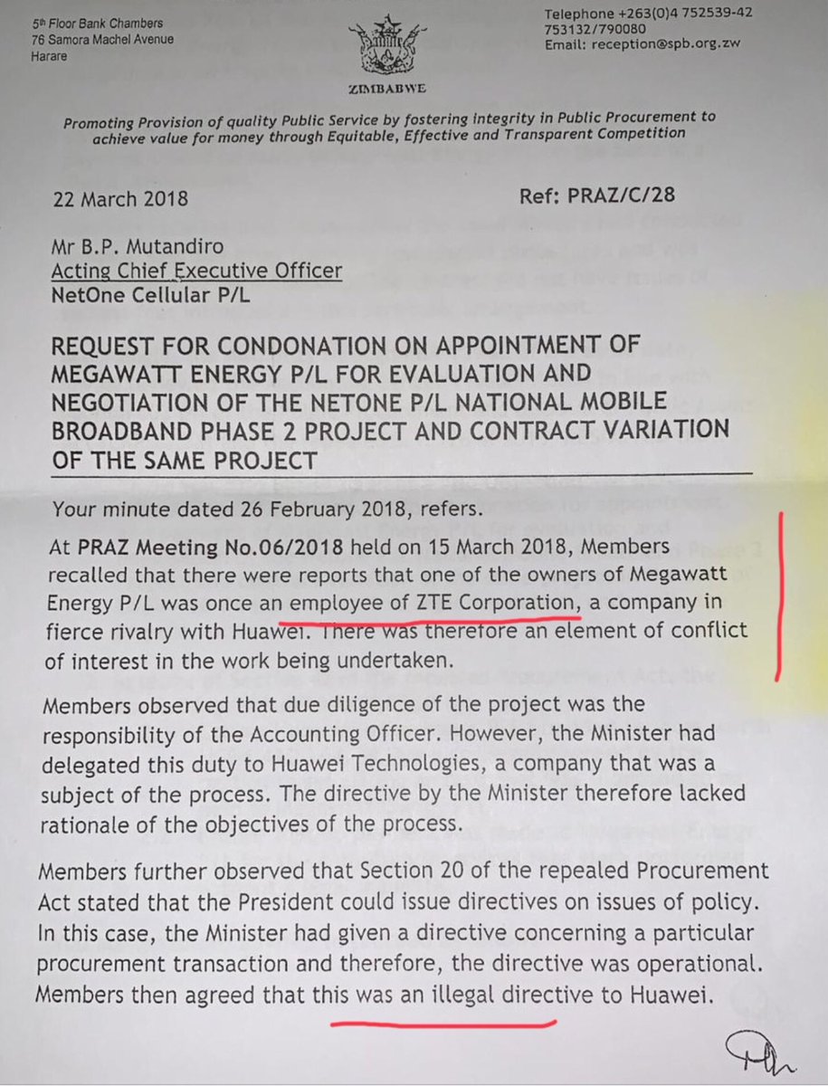 20. Below is part of a letter written to  @NetOneCellular by the Procurement Regulatory Authority of Zimbabwe, PRAZ pronouncing the illegality of mandate letter to Megawatt Energy. That declaration of illegality alone, should have compelled  @ZACConline to arrest ex-ICT Minister.