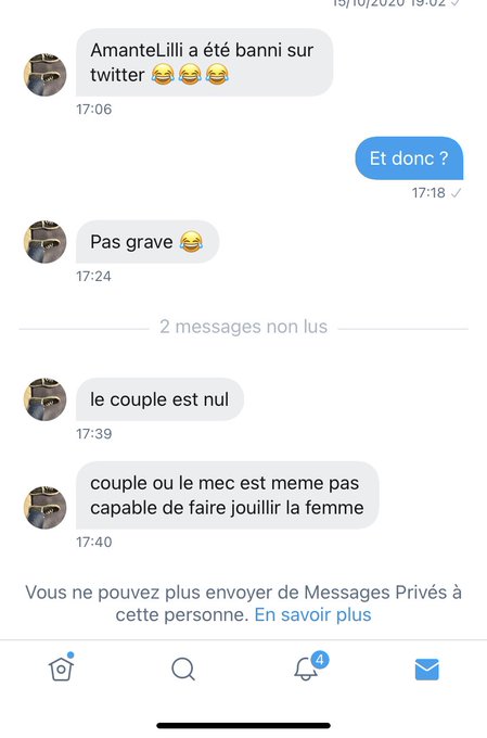 C&rsquo;est quoi votre probl&egrave;me ? Et se r&eacute;jouir qu&rsquo;une copine est &eacute;t&eacute; ban de twitter... il doit se faire chier