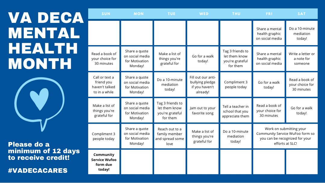 Happy new year Virginia DECA!  This month, we’re challenging YOU with daily activities to help you focus on your mental health and support others. By completing at least 12 days, this can count toward your community service recognition at SLC!🥳💓 #VADECAcares