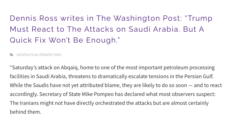 Ok but do I have any hard proof that WestExec is connected to Saudi Arabia?Maybe we should ask WestExec Senior Advisor Dennis Ross! Check out the firm proudly posting his op-ed that Trump must defend Saudi's oil industry from Iran.  https://westexec.com/dennis-ross/&nbsp;