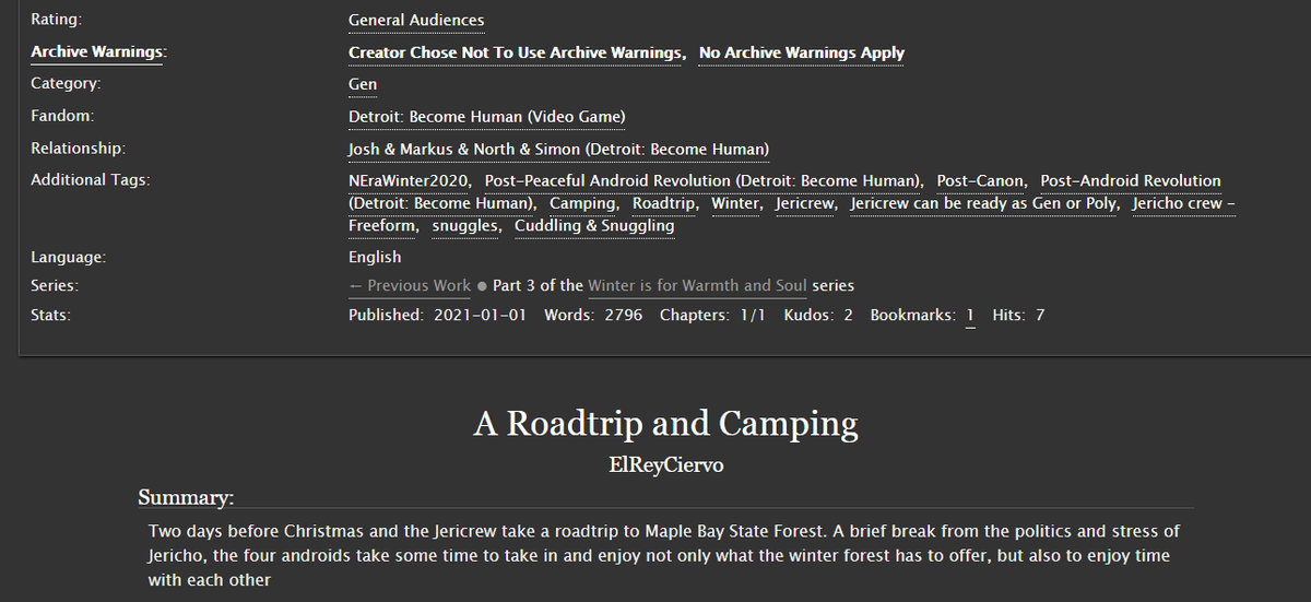 el_rey_ciervo's tweet photo. https://t.co/DgPpcerG3F
My 3rd and last fic for the New Era writing event, Festival of Prompts! This fic focuses on the Jericrew! Can be read as poly or platonic. They go on a roadtrip to go winter camping

Promtps: Roadtrip, &amp; Cozy, &amp; Snuggles
#dbh #NEraWinter2020 #jericrew https://t.co/MFXiRrfrWh