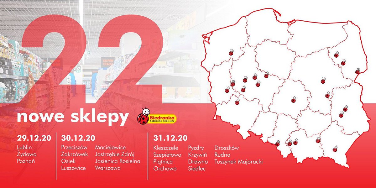 cchispanopolaca's tweet photo. La cadena de supermercados Biedronka de la empresa portuguesa Jerónimo Martins, cerró el año con la apertura de 22 nuevas tiendas. En total, se abrieron en Polonia 37 nuevos Biedronki en diciembre. https://t.co/Mt0oPsei9g