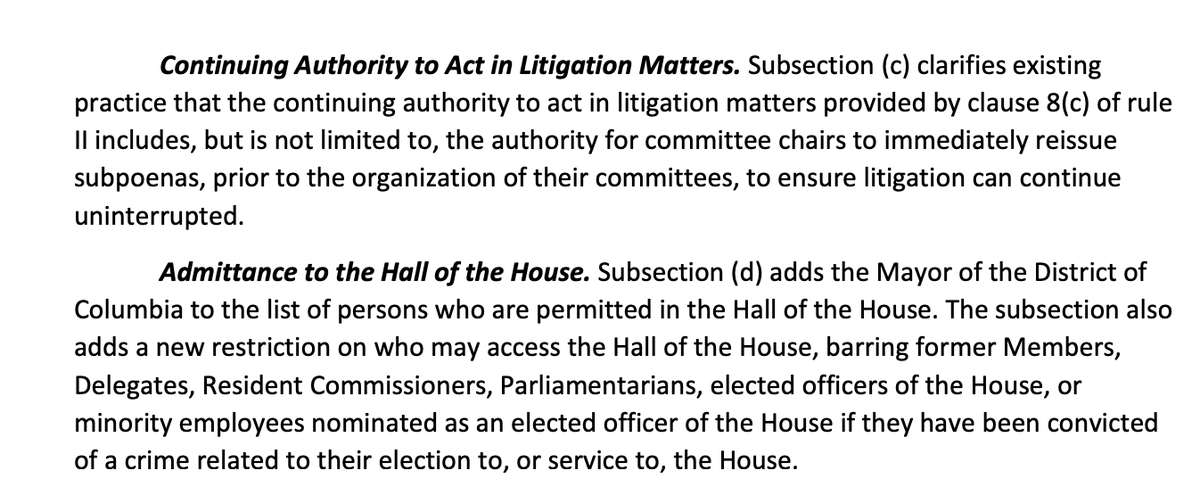 JUST IN: The House is changing its rules to permit committee chair to reissue subpoenas before their full committees are constituted to prevent an interruption to litigationIt also bars former lawmakers convicted of certain crimes from being on the floor  https://rules.house.gov/sites/democrats.rules.house.gov/files/117-HRes5-SxS.pdf