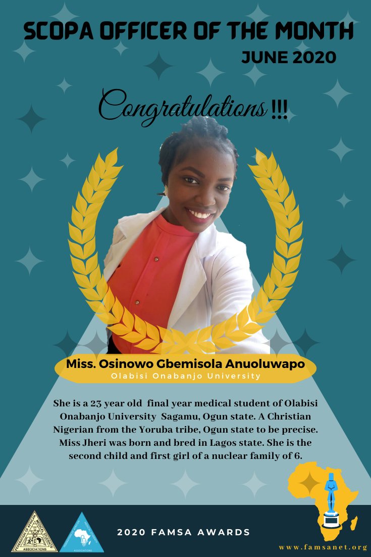 famsa_scopa's tweet photo. Join us to Congratulate miss @GbemiOsinowo for a wonderful year of serving and advocating for the welfare of Africans. 

From organizing #WBW2020, #OFACProject2020, #WPD2020 and #WRD2020 @GbemiOsinowo from @ooumsa was always at the front of community engagement. https://t.co/9Gkmo7DxHX