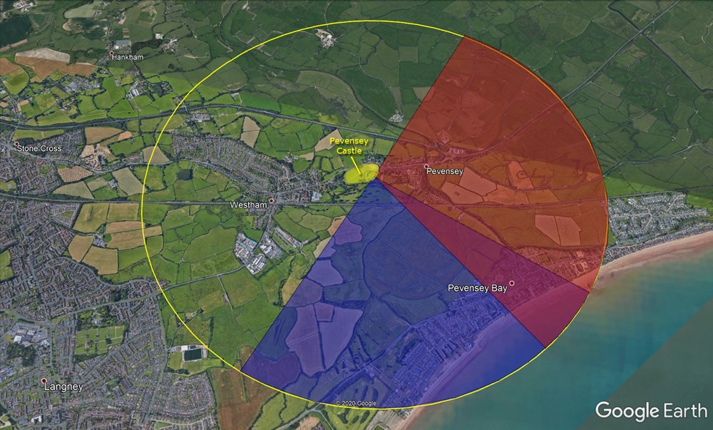 A 2,000-yard radius from the castle with *estimated* arcs of fire from both embrasures; *theoretically* the arcs overlap & cover a large amount of hinterland where invaders might form up having moved off the beach. 14/16