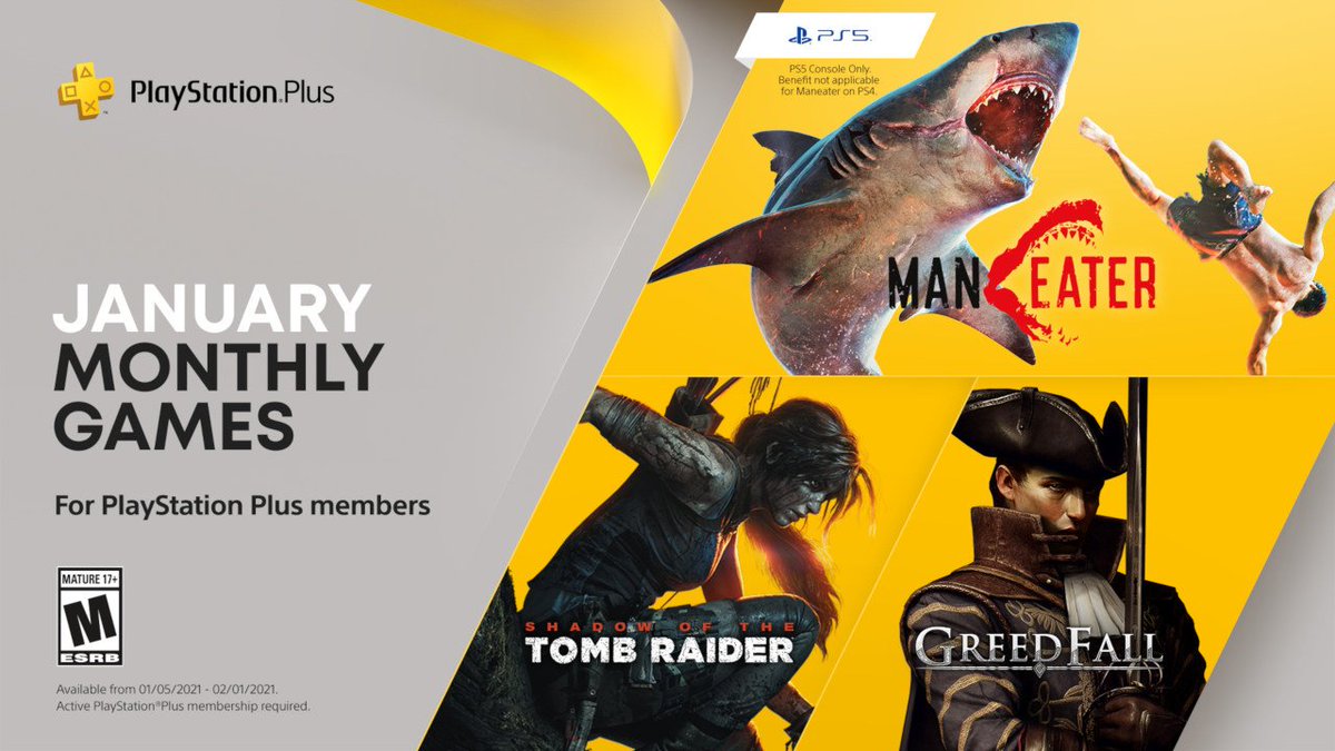 Promotional image for the January monthly games for PlayStation Plus members: Maneater, Shadow of the Tomb Raider and GreedFall. Available from 05/01/2021 - 02/01/2021. Active PlayStation Plus membership required.