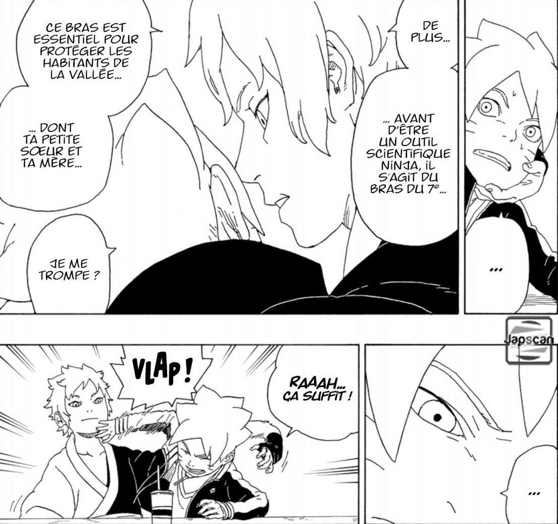 2 arc plus loin dans l’arc Ao il refuse encore dans un premier temps de participer à la mission d’escorte, mais accepte pour encore la même raison, son attachement, cette fois pour protéger Sarada