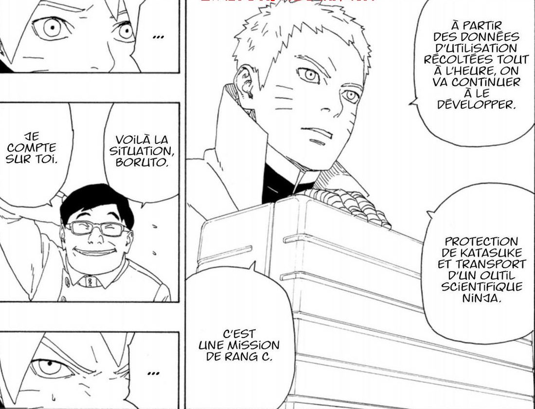 2 arc plus loin dans l’arc Ao il refuse encore dans un premier temps de participer à la mission d’escorte, mais accepte pour encore la même raison, son attachement, cette fois pour protéger Sarada