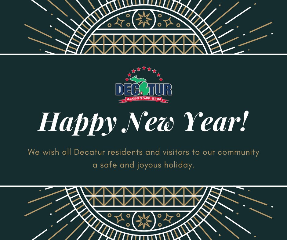 VillofDecatur's tweet image. Happy New Year!  We know 2020 was a challenging year and most are, likely, relieved to put 2020 behind them.  But, we look forward to 2021 with optimism that things will improve and life will start to return to normal.  We hope everyone has a happy and safe holiday!
#DecaturMI