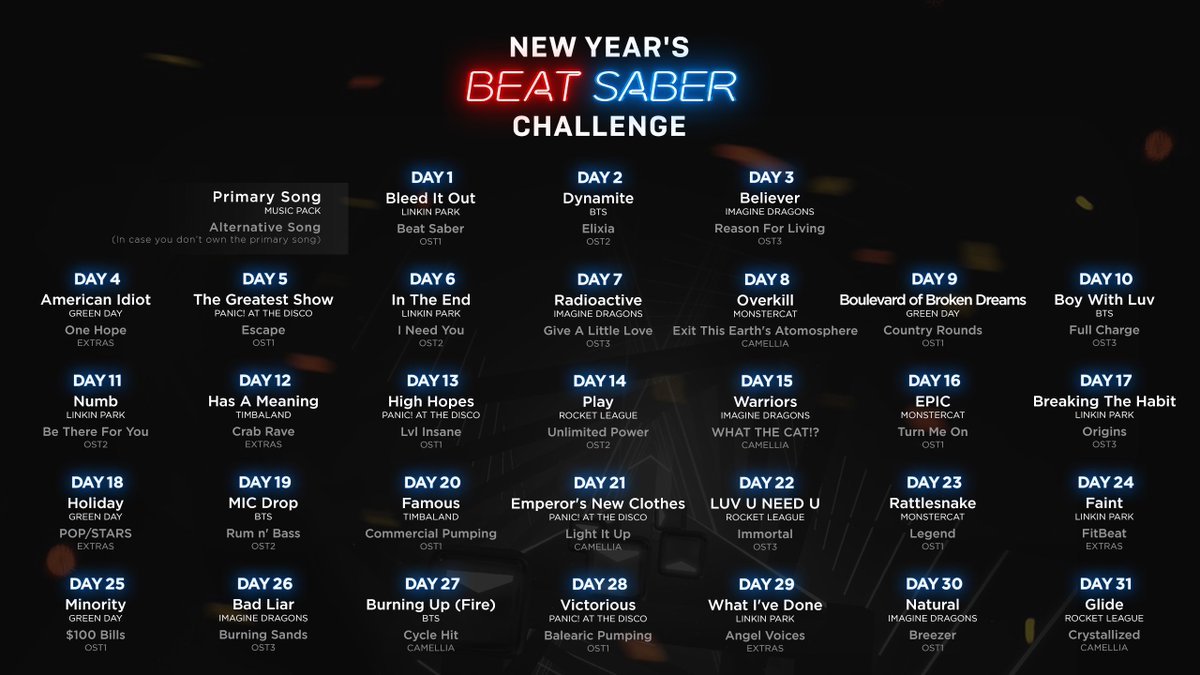 Beat Saber Twitter: "New year – We're ready! Are you? Kick-start with a new Beat Saber Challenge. 💪 One month. One song a day. now. LET'S GOOO! https://t.co/qucggl2MqD"