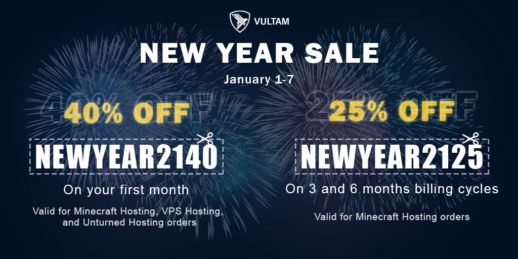 VultamHost's tweet photo. Happy New Year! 🎆🍾

We're glad to announce that our New Year sale is now live!

We will also be giving away a 4GB Performance Minecraft server (i9-10900K) for 1 month!
To participate:
-🦅Follow us
-🔁RT this tweet

The giveaway will end on January 7.

https://t.co/xMLqF72K2n https://t.co/TcksN1AG9V