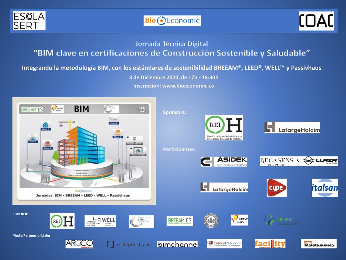 Jornadas_Breeam's tweet photo. Ya están las ponencias:
Jornada Técnica Digital @BioEconomic
"#BIM clave en certificaciones #ConstrucciónSostenible y #Saludable"
#CampusProfesional:@EscolaSert-@COACatalunya 3/12
#BioBIM #BioLEED #BioBREEAM #BioWELL #BioPassivhaus
@AsidekAutodesk
👉https://t.co/hCqnXcxiEg https://t.co/JR3yRkVn76