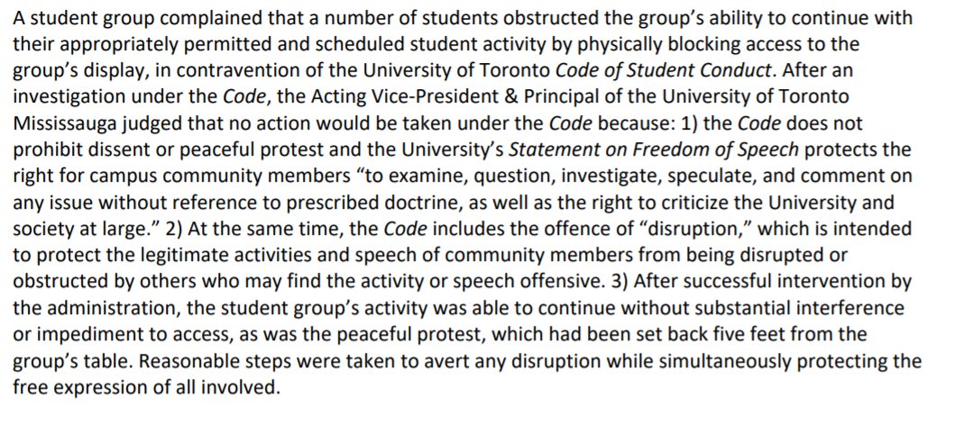 12/ One of the two Toronto cases involved a student who was prevented from distributing materials to classmates via the digital learning management system. The provost deemed this out of scope. The other was a conflict between student groups, solved with some mediation.