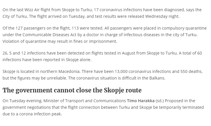 When I arrived in Finland, things were very normal. There were few cases and they were all traced abroad. In Turku, especially flights from North Macedonia have been challenging. The passangers have been tested and quarantined since August.  https://www.hameensanomat.fi/uutiset/skopjesta-yha-valtava-maara-tartuntoja-tiistain-lennolla-17-uutta-koronavirustartuntaa-suomeen-1464948/