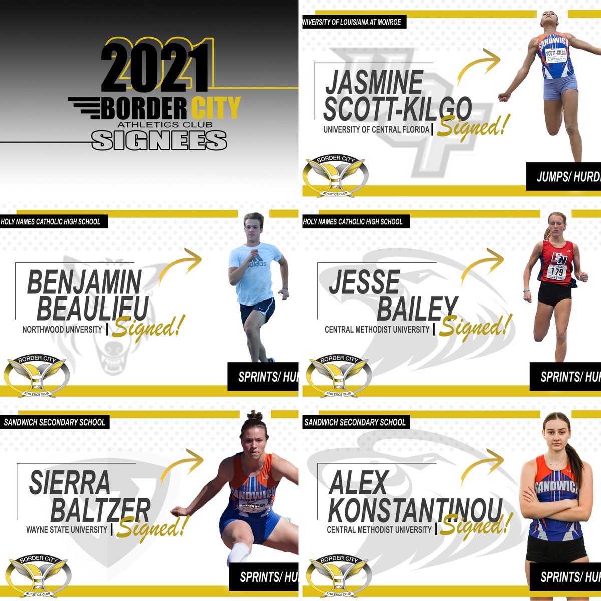 No better way to start of the New Year, then to announce the <a href="/BorderCity_AC/">BorderCityAC</a> 2021 signees. More to come...

<a href="/JasmineScott_/">Jasmine</a> -  <a href="/UCF_Track/">UCF Track & Field/XC</a>  
Benjamin Beaulieu - <a href="/NorthwoodTrack/">Northwood TF & XC</a> 
Jesse Bailey - @CMUXCTF 
Sierra Baltzer - <a href="/WayneStateTFCC/">Wayne St. U. T&F CC</a> 
Alex Konstantinou - @CMUXCTF 
#TheCityAC