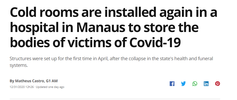 The second wave in Brazil as a whole is very concerning so close to vaccine roll out (how fast they can be rolled out is another question) but they are some early warning signs that a mortality spike may soon follow in Manaus.  https://g1.globo.com/am/amazonas/noticia/2020/12/31/camaras-frigorificas-voltam-a-ser-instaladas-em-hospital-de-manaus-para-armazenar-corpos-de-vitimas-da-covid-19.ghtml