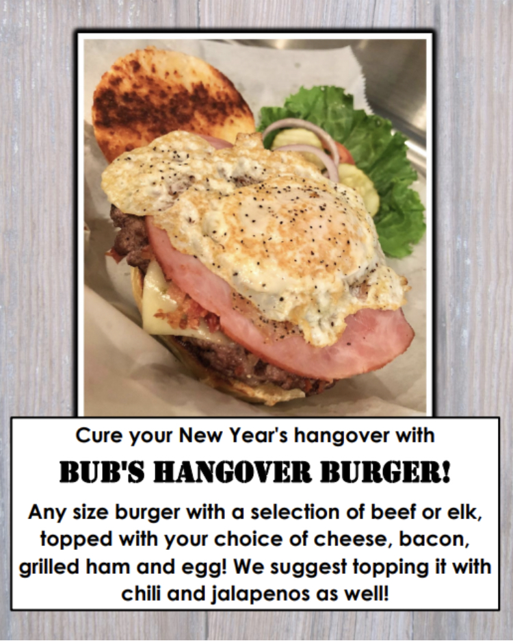 Bub’s Hangeover  Burger🍔  is available for a limited time at Bub’s in Carmel and Zionsville.  Always available at Bub’s in Bloomington!  Happy New Year!! 🥳