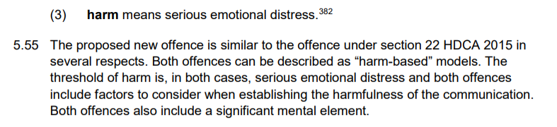 The Law Commission is completely clear that this is just a harm based model - the 'new offence' only has to involve causing 'serious emotional distress'. Who on earth can prove that?