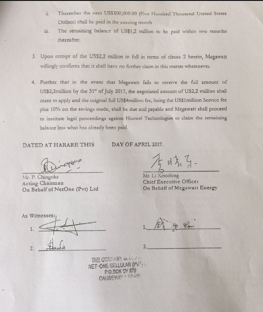 24. After Alex Marufu was forced to resign, Peter Chingoka, another of ex-Minister’s allies, was appointed Acting  @NetOneCellular Chairman. Now that we were out, ex-ICT Minister caused Peter Chingoka to sign illegal Megawatt Energy contract below. Li Xiaodong signed for Megawatt