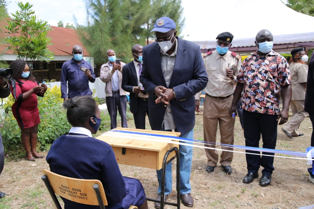 Education CS Prof. George Magoha at Baba Dogo Secondary school where he inspected the level of preparedness of the reopening on 4th January 2021 as well the production of locally assembled desks for schools at a workshop in Roysambu area.