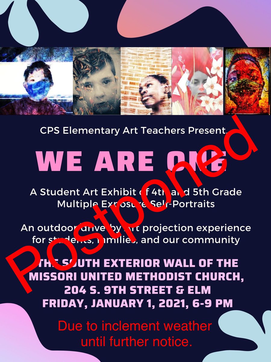 Due to the inclement weather today in COMO, we’ve decided to postpone our We Are One - Student Art Exhibit until further notice.
Thank you so much for your understanding. Stay safe and have a very Happy New Year! #shepardshines