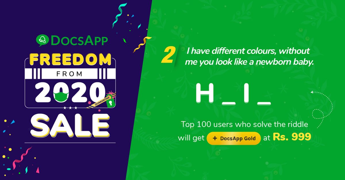DocsApp_in's tweet image. #ContestAlert #GuessAndApply
New Year Fever is not over yet. Guess and Apply.
Unlock your special discount on DocsApp Gold by guessing the coupon code below.
#DocsApp #MediBuddy #AapkaHealthBuddy #ContestAlert #contest #contestgiveaway #contestindia #giveaway