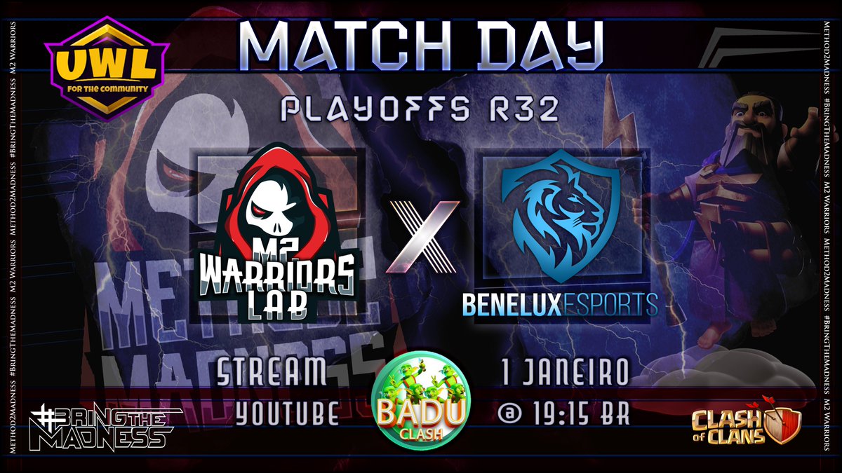 UWL PlayOffs
M2 Warriors Lab vs <a href="/BeneluxCoc/">Benelux eSports CoC</a> 
Hoje ás 5pm est

🇧🇷 M2WLab LineUp
@SobcsikA 
Hermes
Jonatas
<a href="/JulianoSaddock/">Juliano Saddock</a> 
Guerreiro

✴️ Stream ás portuguese <a href="/BaduClash/">Badu Clash</a> 
youtu.be/VqG150UNxwY

✴️Stream in english <a href="/MackenzroGaming/">Mackenzro</a> 
twitch.tv/mackenzro

🔥 Bora Pra Live !! 🔥
