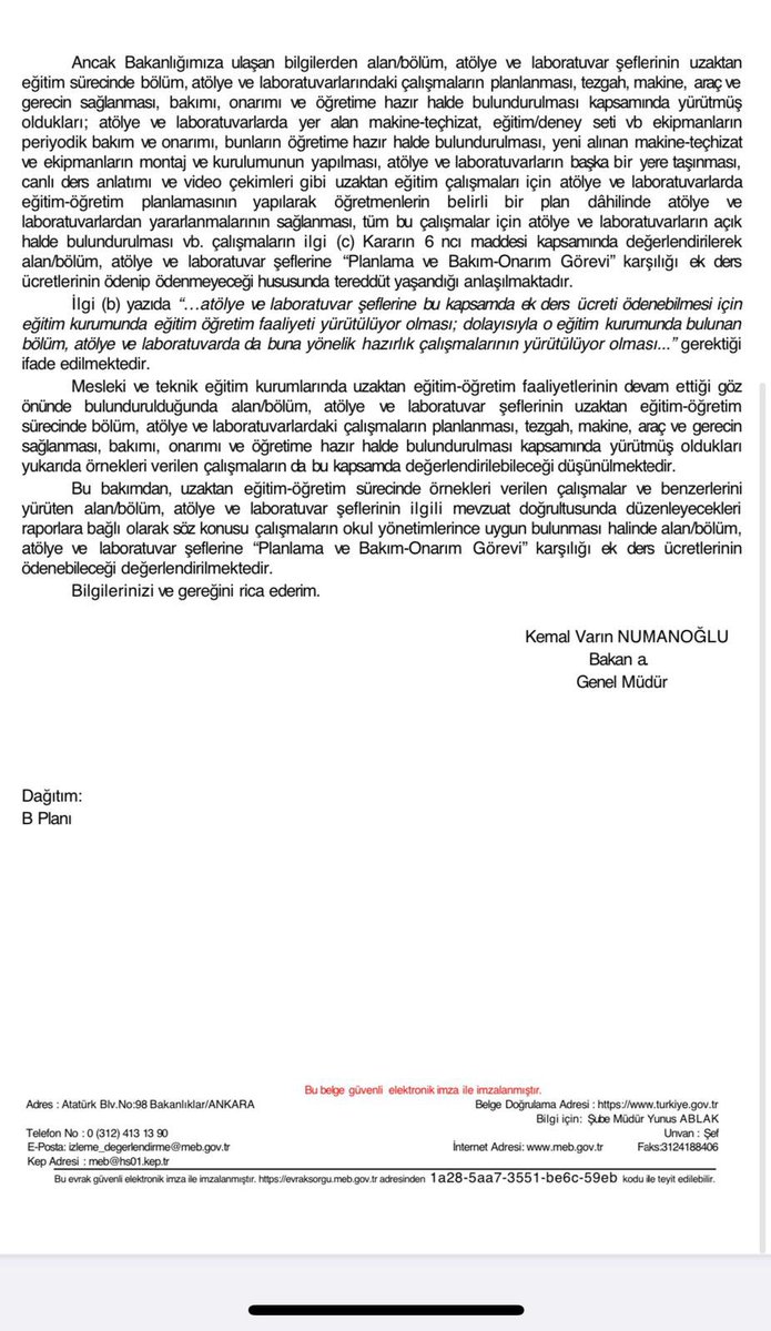 MEB Mesleki ve Teknik Eğitim Genel Müdürlüğünden Alan/Bölüm, Atölye ve Laboratuvar şeflerinin “Planlama ve Bakım-Onarım Görevi” karşılığı ek ders görevlerini yapmış sayılmaları talebimiz karşılık buldu.  Hayırlı olsun.
