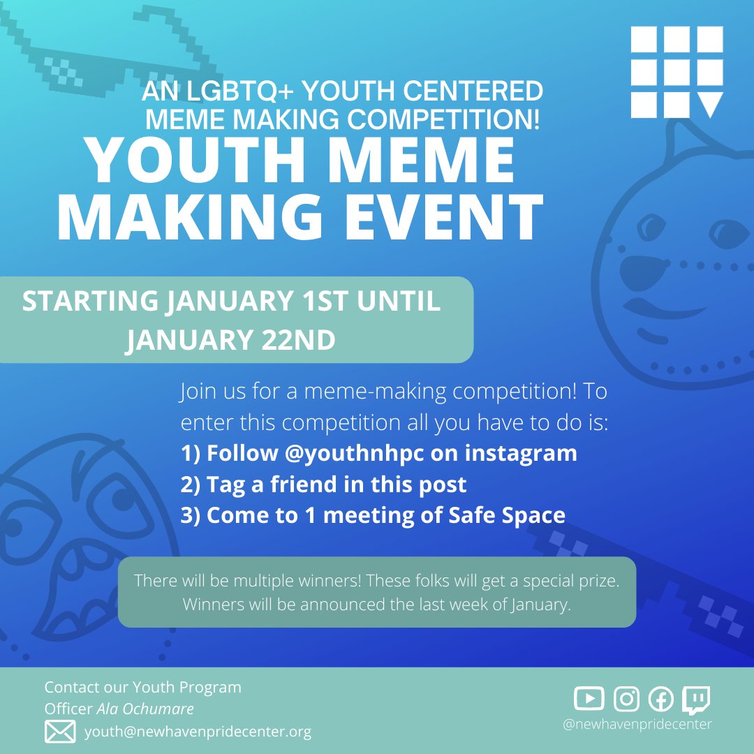 NewHavenPride's tweet image. Our queer youth Meme Making Competition kicks off today! 

All submissions can either be direct messaged to our @youthnhpc instagram page or emailed to our Youth Program Officer Ala Ochumare at youth@newhavenpridecenter.org. 

#queermemes #lgbtqyouth #queeryouth #ct #newhaven