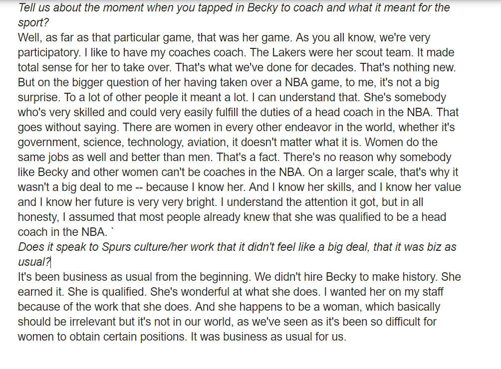 DanWoikeSports's tweet image. Gregg Popovich's full answer on why he didn't think Becky Hammon coaching was a 'big deal.' "We didn't hire Becky to make history. She earned it."