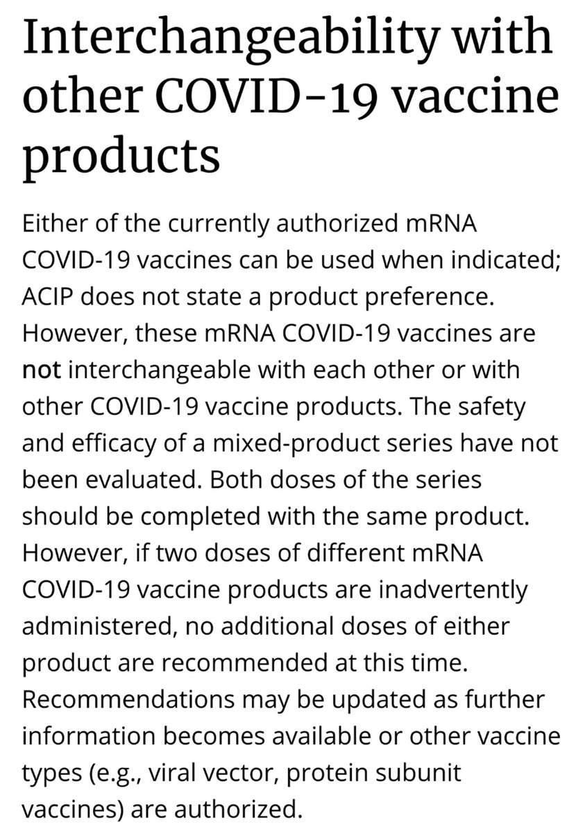 HT  @patrickseurre for pointing to the  @CDCgov recommendations, which state even the two  #mRNA vaccines (i.e. the ones from  @pfizer and  @moderna_tx,  @AstraZeneca's being of a different 'viral vector' type) are "NOT interchangeable": https://www.cdc.gov/vaccines/covid-19/info-by-product/clinical-considerations.html