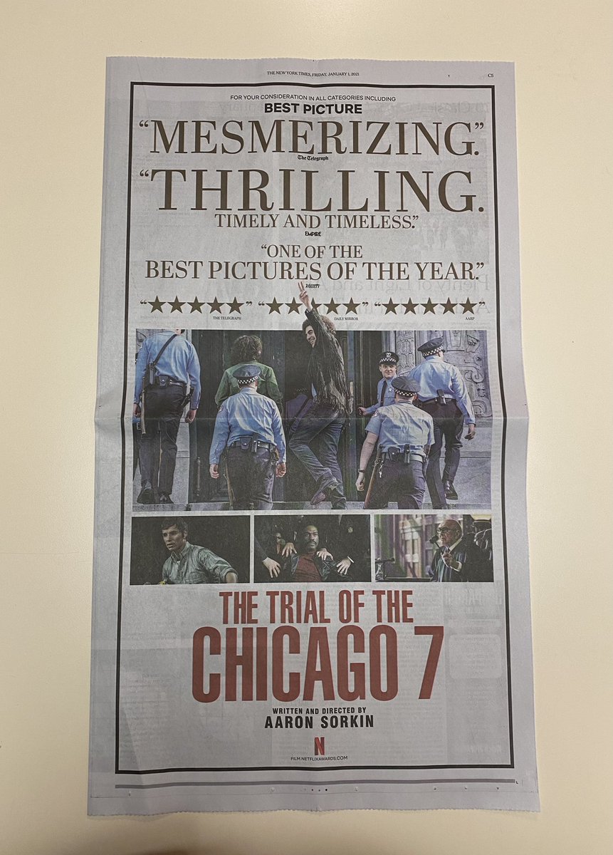 wolfblitzer's tweet image. I saw this full page ad in the @nytimes today so I decided to watch “The Trial Of The Chicago 7” on @netflix and it was indeed “mesmerizing” and “thrilling.” Thanks Aaron Sorkin for writing and directing this film.