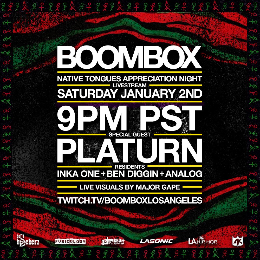 [SATURDAY] 8th Annual Native Tongues Appreciation Night with special guest @PLATURN!! if you're about that Tribe, De La, JBs, &amp; crew life...you know what to do! 9pm PST on our twitch channel. all residents + <a href="/MAJORGAPE/">MajorGape</a> on the visuals. ayyye!
LIVESTREAM: twitch.tv/boomboxlosange…