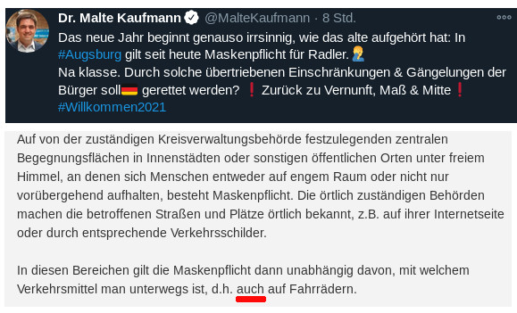 Ellibobby's tweet image. AfD-Hetzer @MalteKaufmann suggeriert, dass es eine extra Maskenpflicht für Radfahrer in Augsburg gäbe. Tatsächlich werden diese nur nicht ausgeschlossen wo diese Pflicht allgemein existiert, das ist ein entscheidender Unterschied.