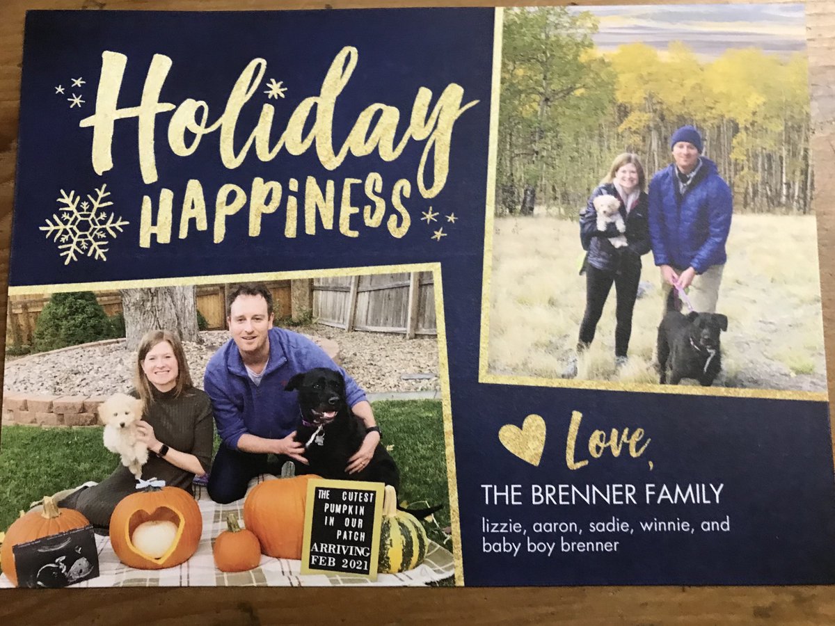 Sapakoff's tweet photo. Cutest holiday card of 2020 award, former ⁦@postandcourier⁩ Clemson beat reporter and current Colorado mortgage beast ⁦@Aaron_Brenner⁩ https://t.co/jogtofYKHc