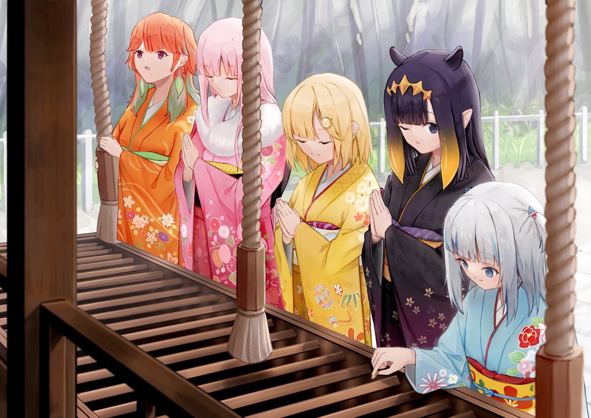 gawr gura ,mori calliope ,ninomae ina'nis ,takanashi kiara ,watson amelia praying multiple girls holomyth shrine japanese clothes 5girls kimono  illustration images