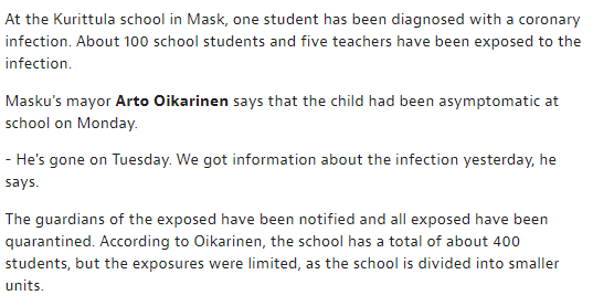 An example: Reactions to a school outbreak in Finland and in Sweden in August.- Finland: Quarantine and move the exposed adults and children to distance learning.- Sweden: 'We take it very seriously but continue as usual.'