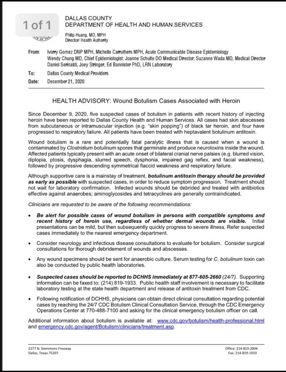 Weird neuro symptoms with your IVDUs? Botulism outbreak in Dallas due to contaminated black tar heroin