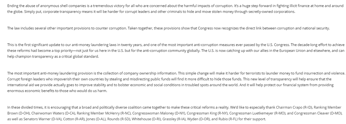 Statement from Transparency International U.S. ( @transparencyUSA) on today's landmark passage:'This is the first significant update to our anti-money laundering laws in twenty years, and one of the most important anti-corruption measures ever passed by the U.S. Congress.'