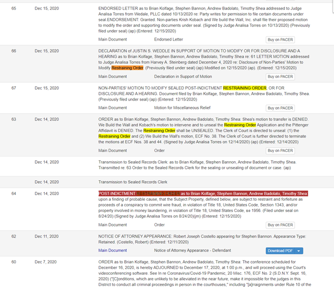 A" POST-INDICTMENT RESTRAINING ORDER[was entered] as to Brian Kolfage, STEPHEN BANNON, Andrew Badolato, Timothy Shea" on 12/14/20.Has  @KlasfeldReports seen this?  https://www.courtlistener.com/docket/17462184/united-states-v-kolfage/?filed_after=&filed_before=&entry_gte=&entry_lte=&order_by=desc