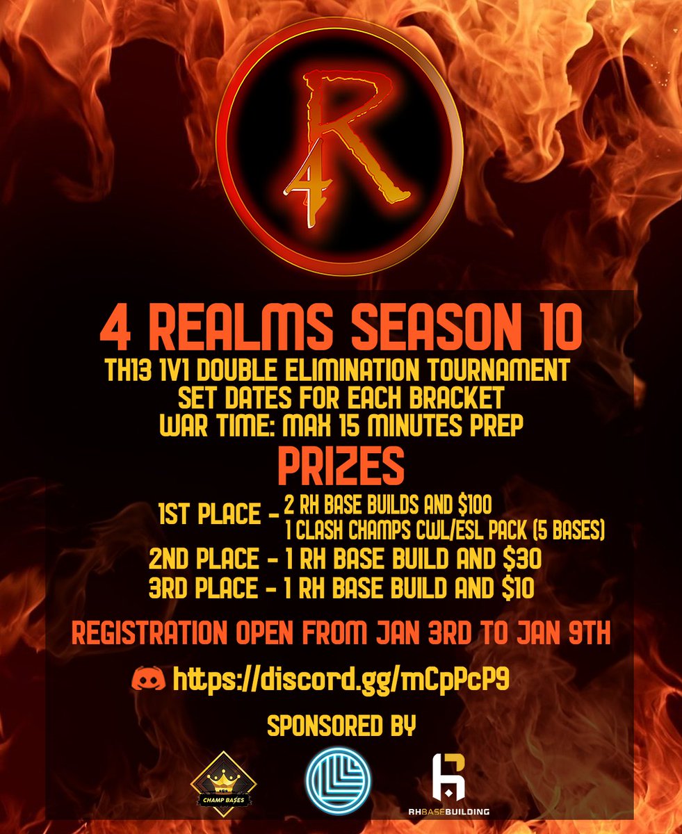 Join us for 4 Realms monthly 1v1 <a href="/ClashofClans/">Clash of Clans</a> double elimination tournament.  146 people signed up last month and we expect 200 or more this month.  Registration open January 3 - 9 sponsored by <a href="/gaming_lando/">Lando Gaming</a> @RH_BaseBuilding and <a href="/ClashChamps/">Clash Champs</a>