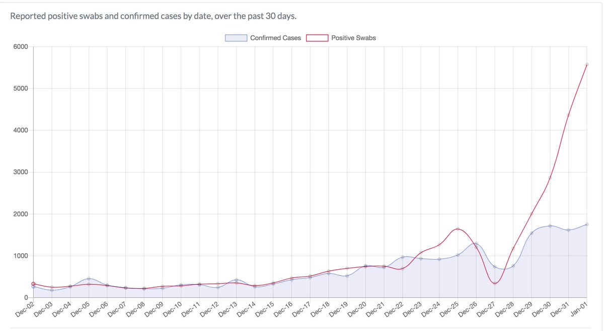 Officially, Ireland had 1,754 cases of coronavirus today.But that's not the true picture of the state of covid infection.There's a backlog of 9000 positive swabs awaiting verification. In  @ShaneHastingsIE helpful graph, that's the bit under the red line, scribbled in yellow.