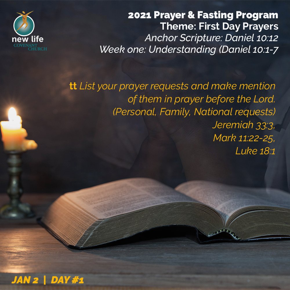January 2: Day 1.  
First Day Prayers: 
1. List your prayer requests and make mention of them in prayer before the Lord. (Personal, Family, National requests) 

Jeremiah 33:3, Mark 11:22-25, Luke 18:1