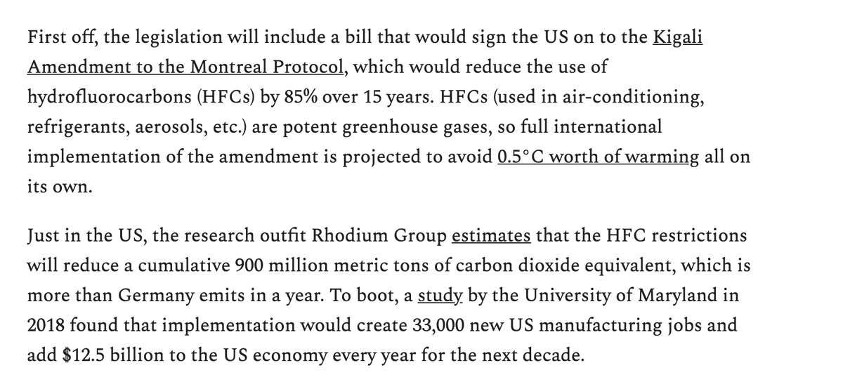 The coronabus package also contained "the most substantial energy legislation passed in the US in over a decade" per  @drvolts who discusses its provisions, including major restrictions on HFCs, here  https://www.volts.wtf/p/congress-might-pass-a-huge-energy