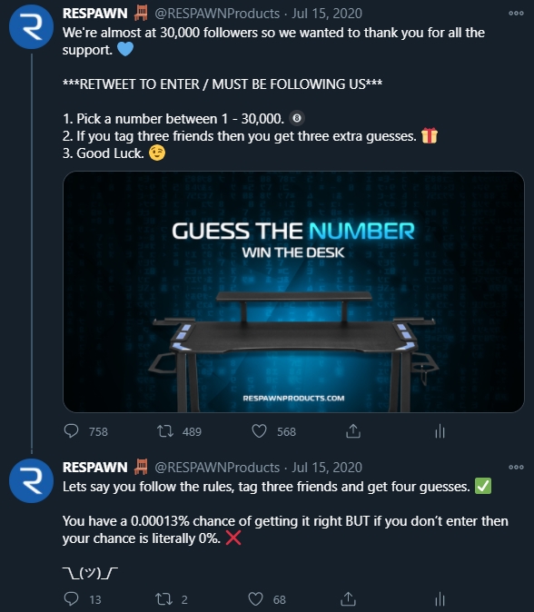 About halfway through the year, we were close to hitting 30K followers (after just hitting 20K in January) so we launched 'Guess the Number' again - this time with the opportunity to win a desk rather than a chair.