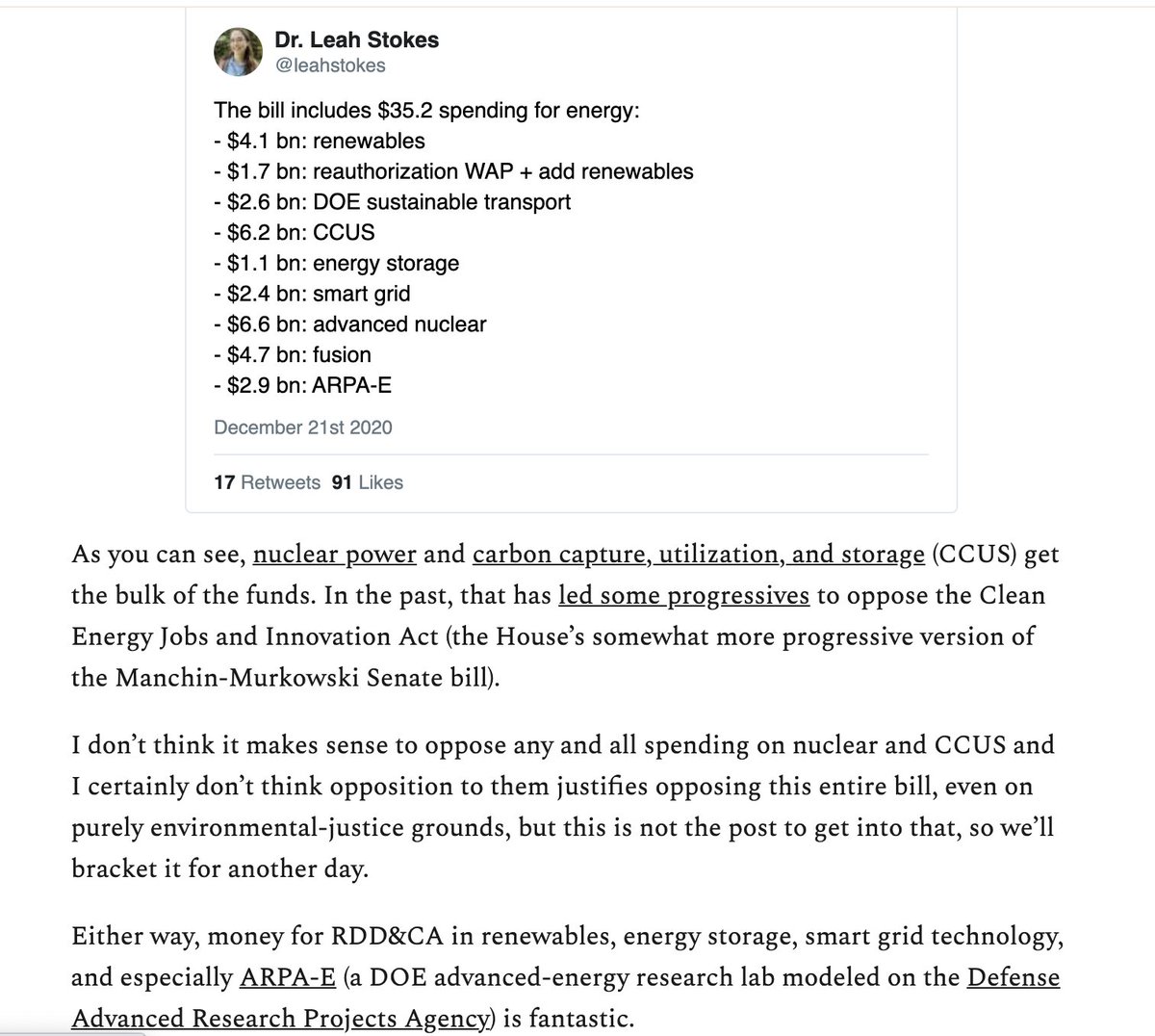 Now, that bipartisan sign-off of course also means that some these policies might not go as far as progressives want or are paired with stuff they may not love (as  @drvolts discusses with regards to the energy material). But it certainly contains stuff they have reason to love
