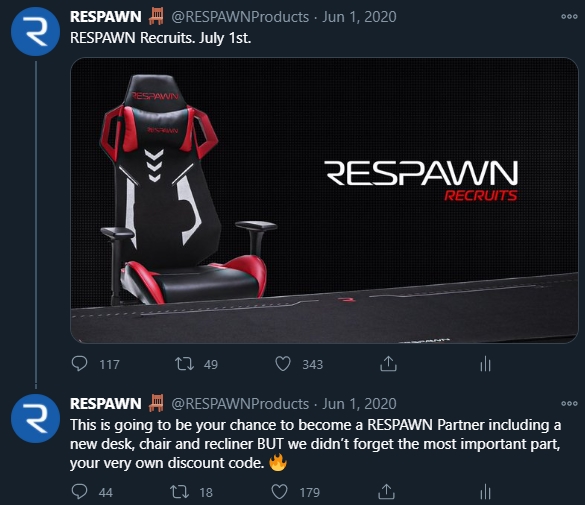 The very next day after the RESPAWN Sidewinder announcement, we announced RESPAWN Recruits.A huge hit and a staple for the RESPAWN brand for years to come. Congratulations to all of the winners in 2020, it is only going to get bigger in 2021 with Cash Prizes + Sponsorships. 