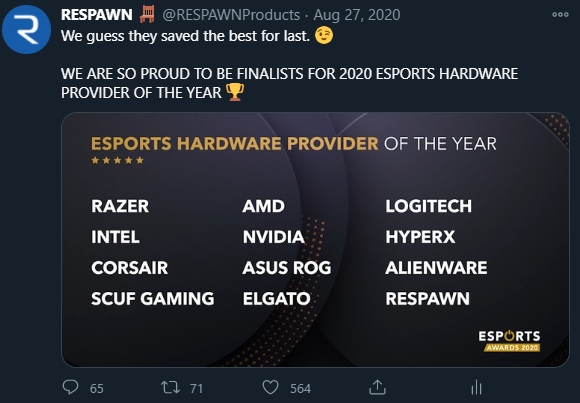 We earned our spot at the table in August. Beating out other brands like Herman Miller, SecretLab, and others to be chosen as the only furniture provider within the  @esportsawards Esports Hardware Provider of the Year category. 